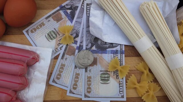 The image represents grocery expenses, food costs, household budgeting, consumer spending, relationship between money and everyday necessities.