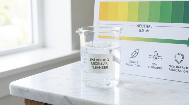 Clear liquid in a beaker labeled "Balancing Micellar Cleanser" sits on a marble surface next to a pH scale chart highlighting gentle, non-irritating skincare benefits.