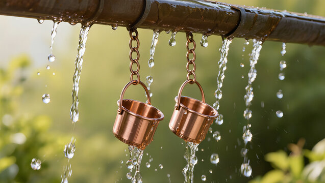 Copper rain chain cups hanging from gutter with rainwater streaming and splashing, soft green garden bokeh in warm light, conceptual rainwater harvesting and sustainable home drainage concept