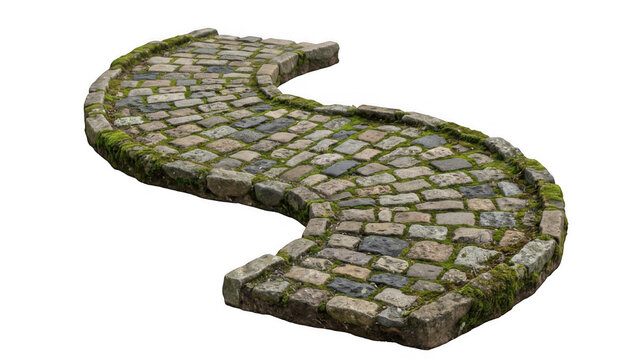 A curved cobblestone path with moss on transparent background
