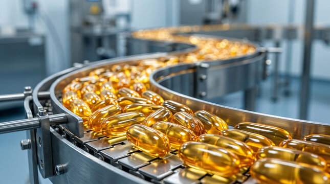 Golden translucent omega-3 fish oil gel capsules moving along a curved stainless steel conveyor belt in a clean, modern pharmaceutical manufacturing facility with shallow depth of field.