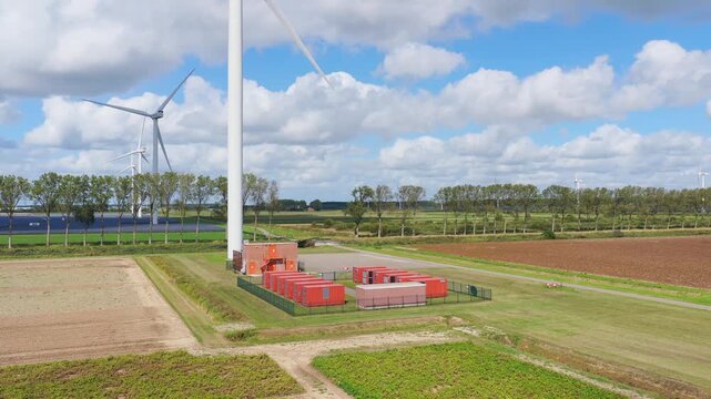 Aerial drone view of a battery energy storage system facility. Containers BESS units with transformers in a modern power grid station.