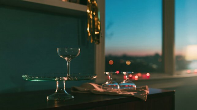 Empty glass cake stand on a dark sideboard with a champagne gold streamer for holiday dessert and drinks banners, featuring copy space
