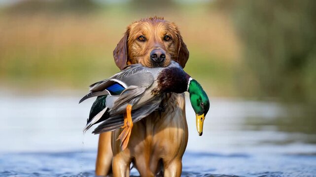 golden retriever hunting dog holding wild mallard duck in mouth emerging from water, gun dog retrieving game bird in lake. working dog retrieval skills, waterfowl field training, hunting season