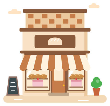 Bakery shop storefront with striped awning and bread display, flat illustration