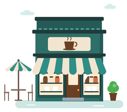 Coffee shop storefront with patio umbrella table, flat illustration