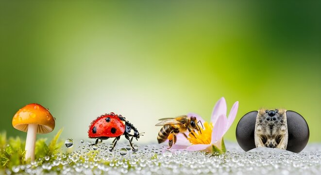 Macro landscape with a tiny mushroom, a ladybug, a honeybee on a flower, and a detailed fly head on a mossy surface with dew drops
