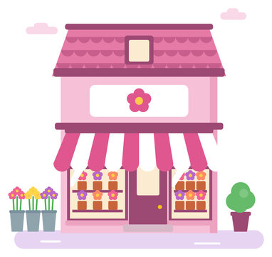 Pink flower shop storefront with flower buckets, flat illustration