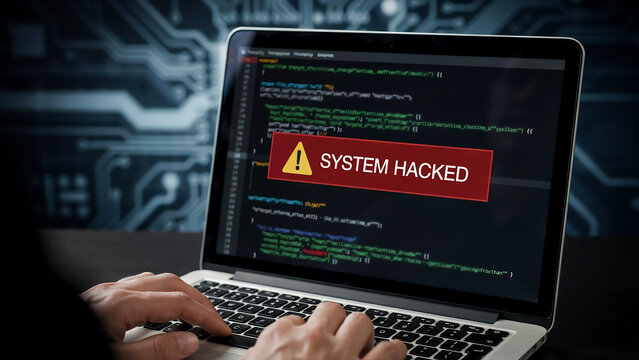 Hacker typing on a laptop keyboard with system hacked warning alert on screen and green code against a circuit board background for cybersecurity data breach and cyber attack concept