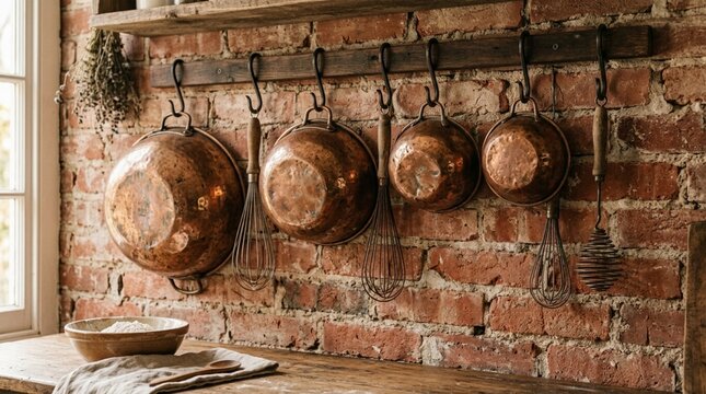 Rustic copper pots and whisks hanging on brick wall kitchen decor