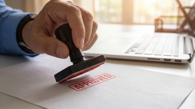 Corporate hand stamps official document on white paper surface, finalizing document approval at wooden desk. Diligent professional authenticates contract beside laptop with decisive gesture.