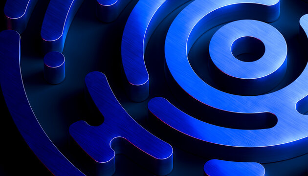 Futuristic blue metallic circular maze with neon lighting for digital technology 3D background