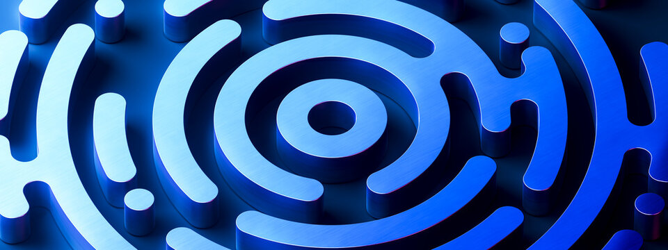 Abstract blue circular communication network with layered metallic arcs in 3D