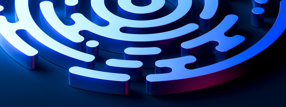 Abstract cyan circular technology pattern with bright metallic highlights in 3D