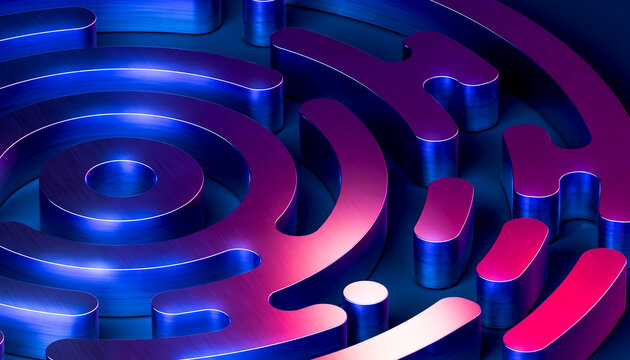 Electric blue and magenta metallic radial pattern for futuristic 3D technology wallpaper