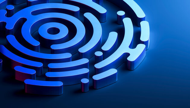 Neon blue radial circuit architecture illustrating digital infrastructure in 3D