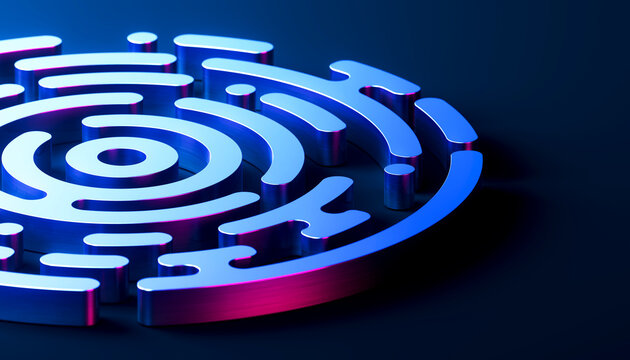 Blue concentric technology emblem with open negative space for 3D digital background