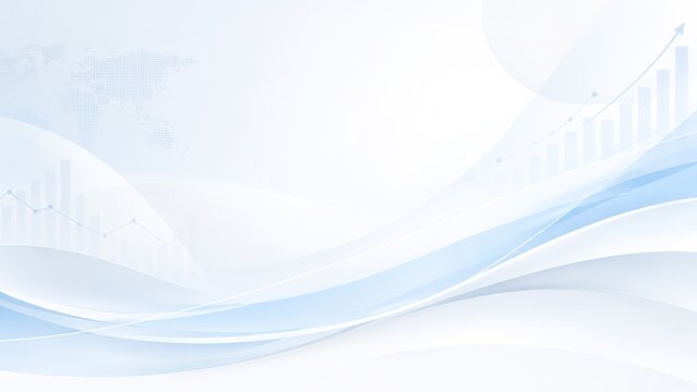 Abstract light white and blue background with smooth waves, bar chart silhouettes, rising trend line and faint dotted world map, financial business background for analytics and presentations