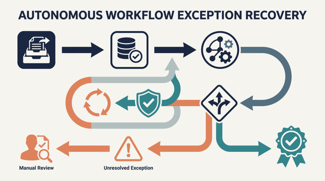 Human in the loop automated workflow diagram representing machine learning exception handling, manual review, and business process automation