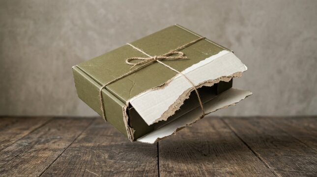 Damaged green cardboard mailer box tied with twine floating above a