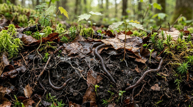 Forest Floor Cross-Section: Millipedes in Soil with Roots and Moss