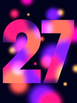 Bold magenta and violet gradient number 27 glowing over dark navy bokeh for New Year celebration