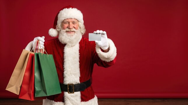 Smiling santa claus in classic red suit, holding festive shopping bags and a credit card against a vibrant red background, promotes christmas and winter sales.
