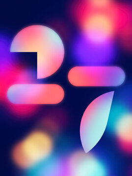 Abstract geometric shapes forming New Year 27 in coral pink and periwinkle over deep blue bokeh glow