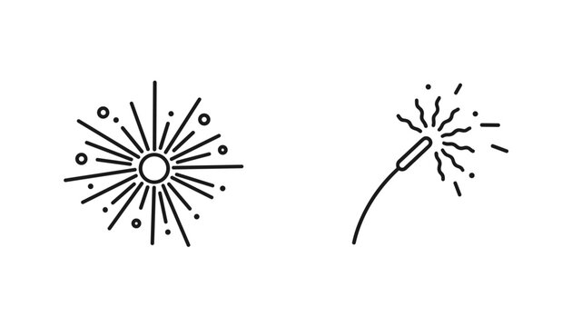 Celebration line icons showing a dynamic sunburst firework explosion and a glowing festive sparkler stick.