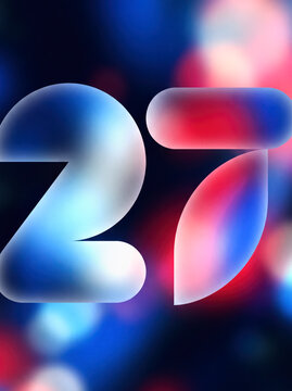Glossy cobalt and ruby red rounded New Year number 27 with icy gradients over dark midnight bokeh
