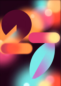 Tangerine coral and aqua geometric New Year number 27 with leaf shaped seven over dark wine glow