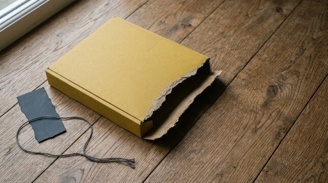 Open cardboard mailer box with black paper tag and string on rustic