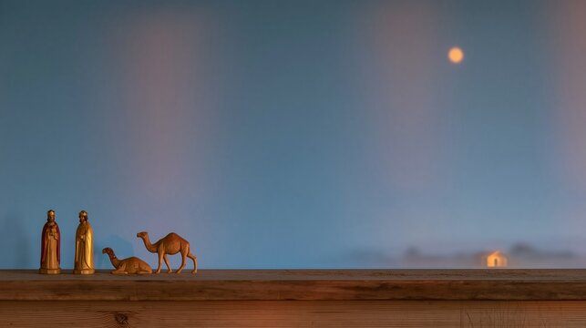 Wooden nativity scene figurines of three kings and camels on a dusty shelf, traveling toward a distant glowing stable for epiphany and Christmas
