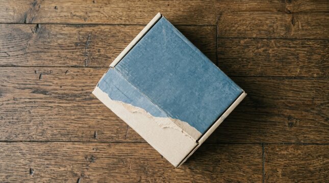 Blue cardboard mailer box with torn paper texture on rustic wooden