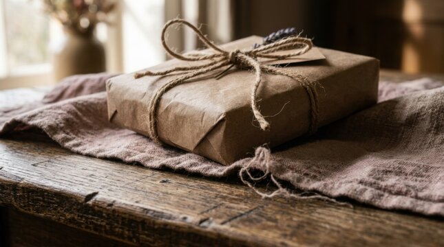 Brown paper gift parcel wrapped with twine and lavender sprig on a