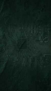 Dark industrial PCB circuit board surface pattern with faint embedded semiconductor traces, microchips, and high-tech electronic grid.