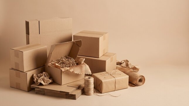 Stack of brown cardboard shipping boxes and packaging materials for