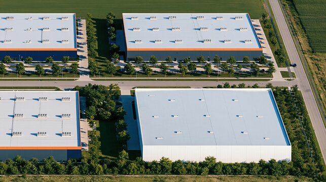 Aerial view of a modern data center industrial park with large flat rooftops and cooling units, featuring a sharp geometric layout