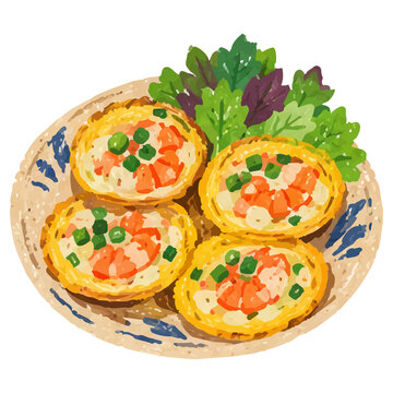 Hand Draw Style Vietnamese Banh Khot Mini Shrimp Pancakes Illustration