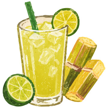 Hand Draw Style Fresh Sugarcane Juice with Lime Illustration