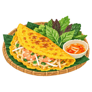 Hand Draw Style Vietnamese Banh Xeo Crispy Crepe with Herbs Illustration