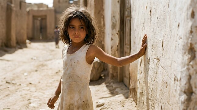 A young impoverished girl standing in a dusty alleyway in a developing rural community, wearing a worn, dusty dress and leaning against an old mud brick wall.