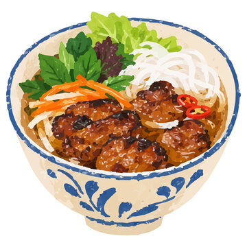 Hand Draw Style Vietnamese Vermicelli Bowl with Grilled Pork Illustration