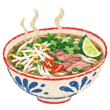 Hand Draw Style Vietnamese Pho Noodle Soup with Beef Illustration