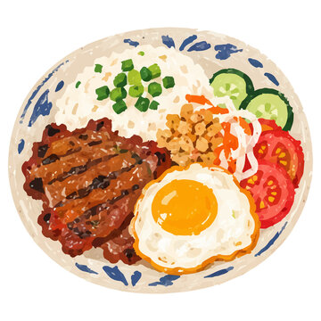 Hand Draw Style Vietnamese Rice with Grilled Pork and Fried Egg Illustration