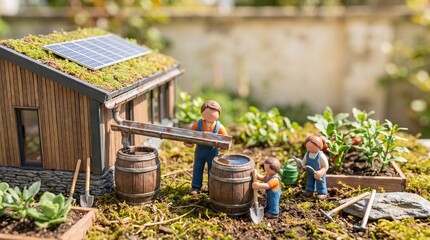Obraz premium Miniature garden scene with a sustainable house, figurines, and green roof.