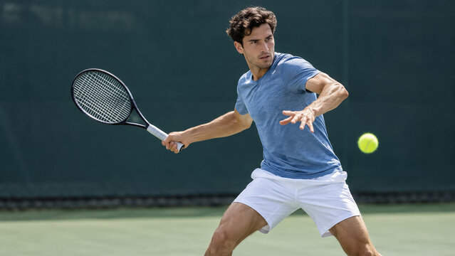Athletic male tennis player preparing forehand shot on outdoor court during match. Concept of tennis racket, athlete. Copy space.