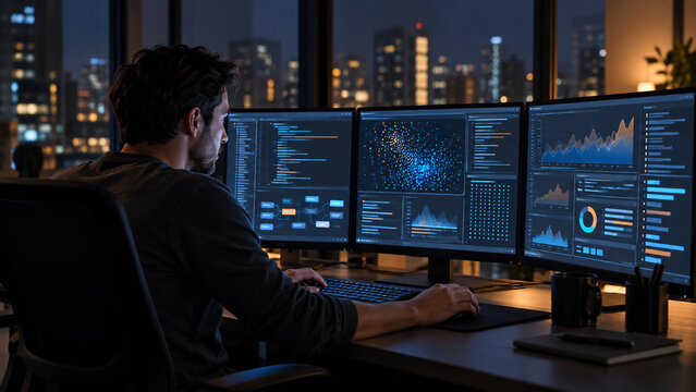 Programmer analyst working with multiple monitors in dim night office analyzing big data. Concept of software developer, coding.
