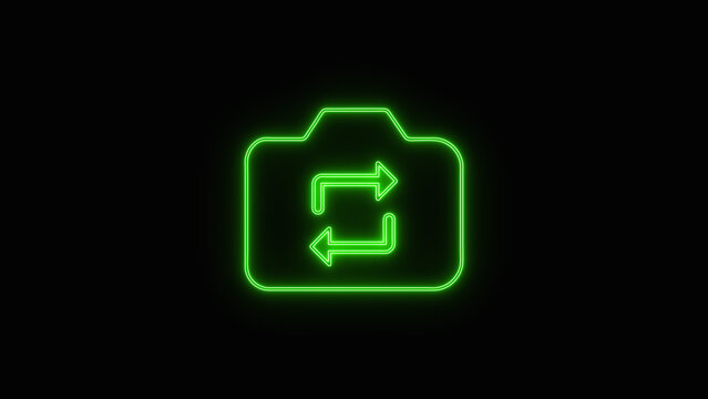 Colorful neon icon of a switch camera symbol representing front and back camera rotation function for mobile photography application isolated on black background