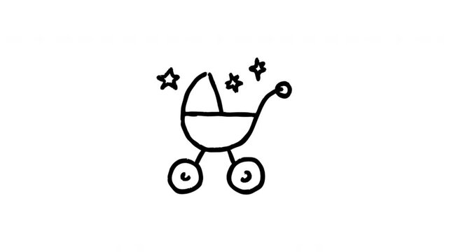 Baby Stroller For Infant Transport And Parenting Hand Drawn Doodle Animation. Pram And Newborn Care Symbol. Childcare App Interface Element. 4K Loop With Alpha Channel.